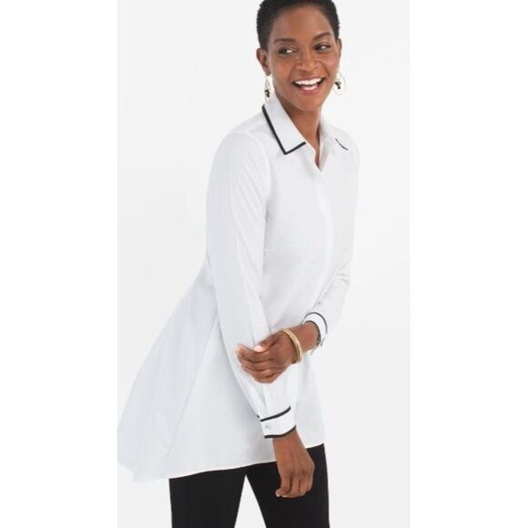 Chicos Women's Blouse White Button Up No Iron Cotton Contrast Trim Tunic Medium - Picture 1 of 13